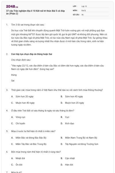 37 câu Trắc nghiệm Địa lí 10 Kết nối tri thức Bài 5 có đáp án (Phần 2)