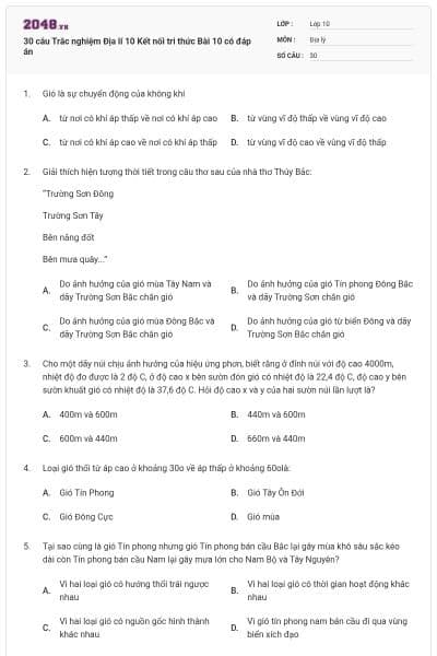 30 câu Trắc nghiệm Địa lí 10 Kết nối tri thức Bài 10 có đáp án