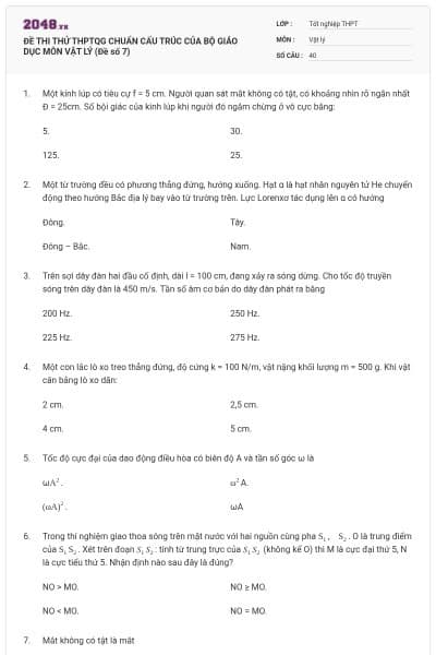 ĐỀ THI THỬ THPTQG CHUẨN CẤU TRÚC CỦA BỘ GIÁO DỤC MÔN VẬT LÝ (Đề số 7)