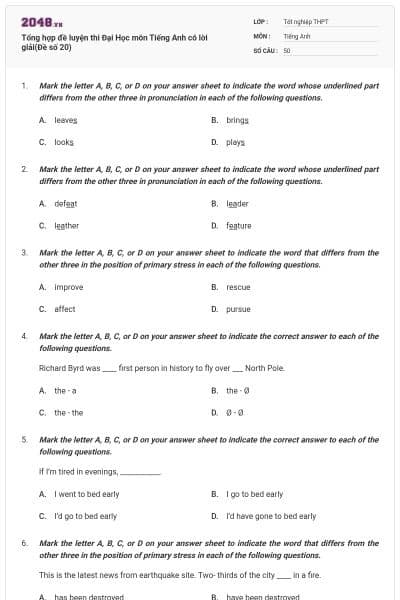Tổng hợp đề luyện thi Đại Học môn Tiếng Anh có lời giải(Đề số 20)