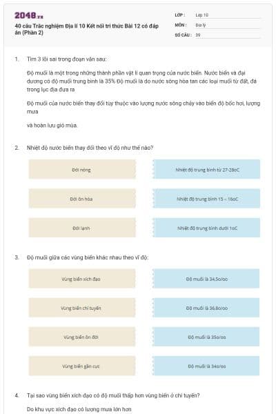 40 câu Trắc nghiệm Địa lí 10 Kết nối tri thức Bài 12 có đáp án (Phần 2)