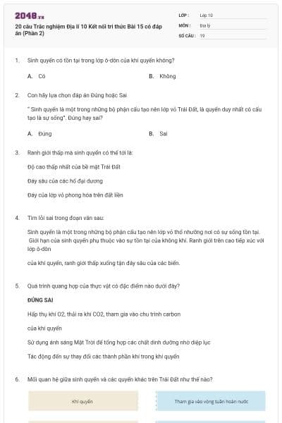 20 câu Trắc nghiệm Địa lí 10 Kết nối tri thức Bài 15 có đáp án (Phần 2)