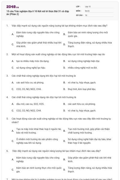 15 câu Trắc nghiệm Địa lí 10 Kết nối tri thức Bài 31 có đáp án (Phần 2)