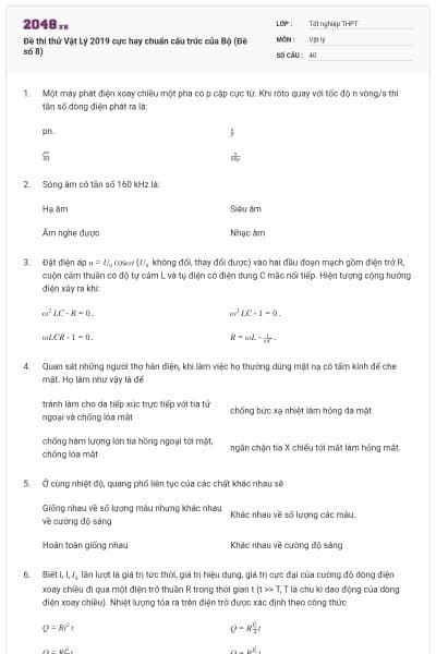 Đề thi thử Vật Lý 2019 cực hay chuẩn cấu trúc của Bộ (Đề số 8)
