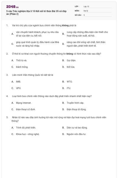 5 câu Trắc nghiệm Địa lí 10 Kết nối tri thức Bài 35 có đáp án (Phần 2)