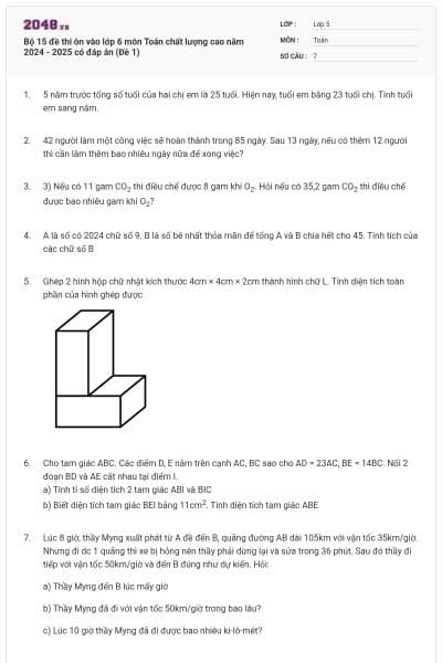 Bộ 15 đề thi ôn vào lớp 6 môn Toán chất lượng cao năm 2024 - 2025 có đáp án (Đề 1)
