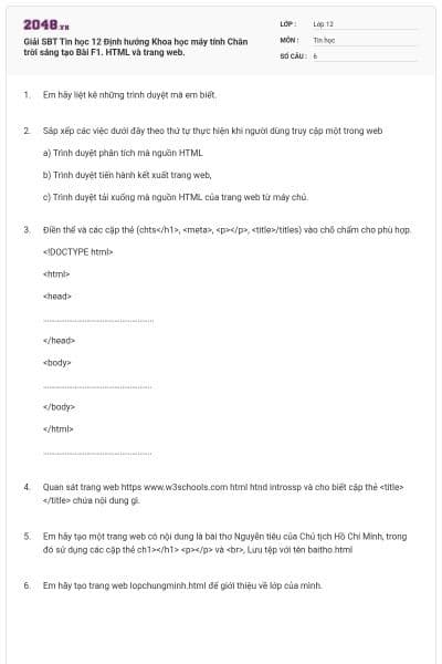 Giải SBT Tin học 12 Định hướng Khoa học máy tính Chân trời sáng tạo Bài F1. HTML và trang web.