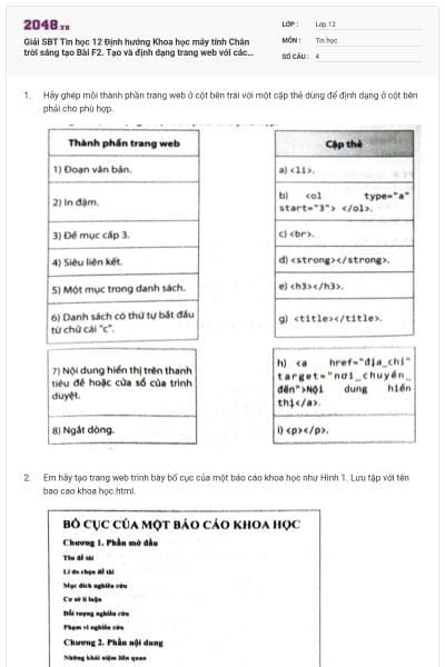 Giải SBT Tin học 12 Định hướng Khoa học máy tính Chân trời sáng tạo Bài F2. Tạo và định dạng trang web với các thẻ HTML