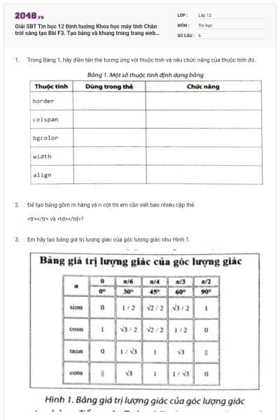 Giải SBT Tin học 12 Định hướng Khoa học máy tính Chân trời sáng tạo Bài F3. Tạo bảng và khung trong trang web với TML