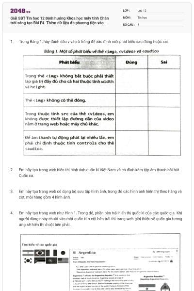 Giải SBT Tin học 12 Định hướng Khoa học máy tính Chân trời sáng tạo Bài F4. Thêm dữ liệu đa phương tiện vào trang web