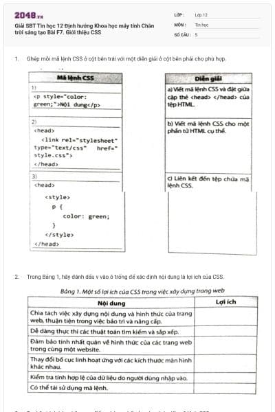 Giải SBT Tin học 12 Định hướng Khoa học máy tính Chân trời sáng tạo Bài F7. Giới thiệu CSS