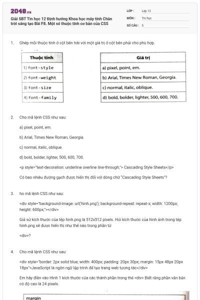 Giải SBT Tin học 12 Định hướng Khoa học máy tính Chân trời sáng tạo Bài F8. Một số thuộc tính cơ bản của CSS