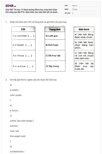 Giải SBT Tin học 12 Định hướng Khoa học máy tính Chân trời sáng tạo Bài F10. Định kiểu cho siêu liên kết và danh sách