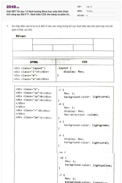 Giải SBT Tin học 12 Định hướng Khoa học máy tính Chân trời sáng tạo Bài F11. Định kiểu CSS cho bảng và phần tử <div>