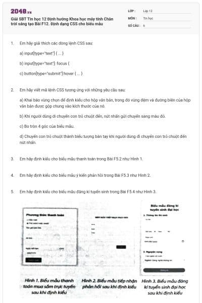 Giải SBT Tin học 12 Định hướng Khoa học máy tính Chân trời sáng tạo Bài F12. Định dạng CSS cho biểu mẫu