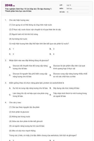 Trắc nghiệm Sinh Học 10 (có đáp án): Ôn tập chương 1: Thành phần hóa học của tế bào