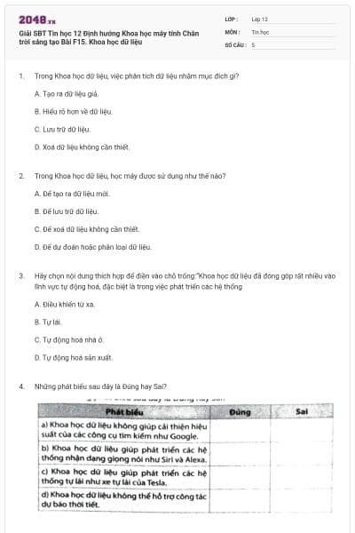 Giải SBT Tin học 12 Định hướng Khoa học máy tính Chân trời sáng tạo Bài F15. Khoa học dữ liệu