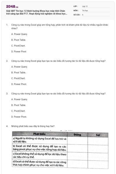 Giải SBT Tin học 12 Định hướng Khoa học máy tính Chân trời sáng tạo Bài F17. Hoạt động trải nghiệm về khoa học dữ liệu