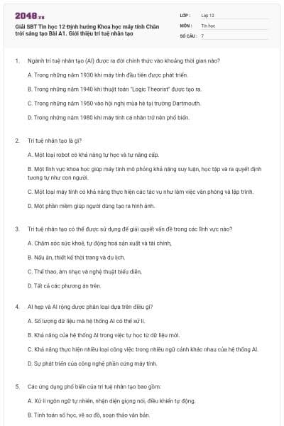 Giải SBT Tin học 12 Định hướng Khoa học máy tính Chân trời sáng tạo Bài A1. Giới thiệu trí tuệ nhân tạo