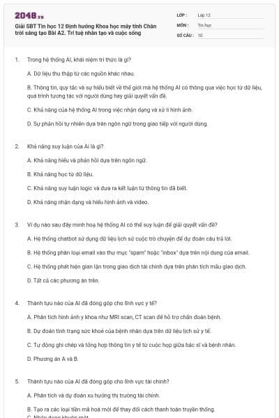 Giải SBT Tin học 12 Định hướng Khoa học máy tính Chân trời sáng tạo Bài A2. Trí tuệ nhân tạo và cuộc sống