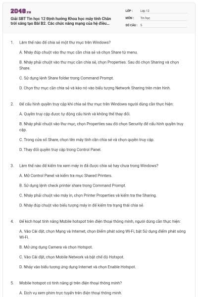 Giải SBT Tin học 12 Định hướng Khoa học máy tính Chân trời sáng tạo Bài B2. Các chức năng mạng của hệ điều hành