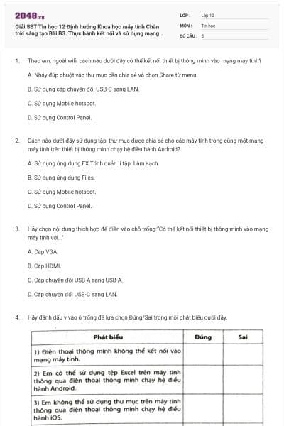 Giải SBT Tin học 12 Định hướng Khoa học máy tính Chân trời sáng tạo Bài B3. Thực hành kết nối và sử dụng mạng trên thiết bị thông minh