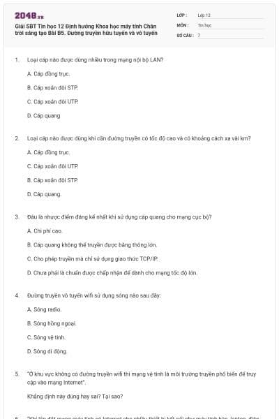 Giải SBT Tin học 12 Định hướng Khoa học máy tính Chân trời sáng tạo Bài B5. Đường truyền hữu tuyến và vô tuyến