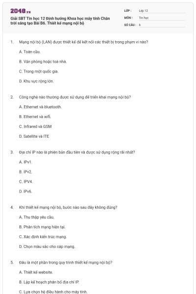 Giải SBT Tin học 12 Định hướng Khoa học máy tính Chân trời sáng tạo Bài B6. Thiết kế mạng nội bộ