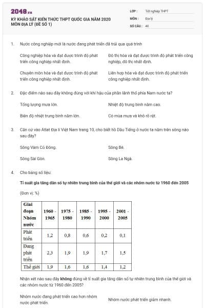 KỲ KHẢO SÁT KIẾN THỨC THPT QUỐC GIA NĂM 2020 MÔN ĐỊA LÝ (ĐỀ SỐ 1)