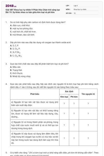Giải SBT Khoa học tự nhiên 9 Phần Hóa Chân trời sáng tạo Bài 19: Sự khác nhau cơ bản giữa kim loại và phi kim