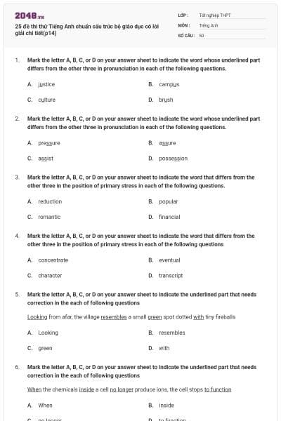25 đề thi thử Tiếng Anh chuẩn cấu trúc bộ giáo dục có lời giải chi tiết(p14)