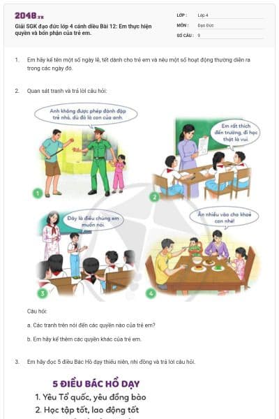 Giải SGK đạo đức lớp 4 cánh diều Bài 12: Em thực hiện quyền và bổn phận của trẻ em.