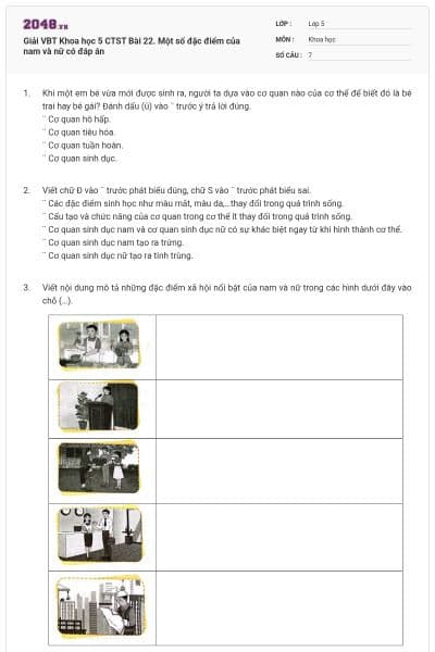 Giải VBT Khoa học 5 CTST Bài 22. Một số đặc điểm của nam và nữ có đáp án