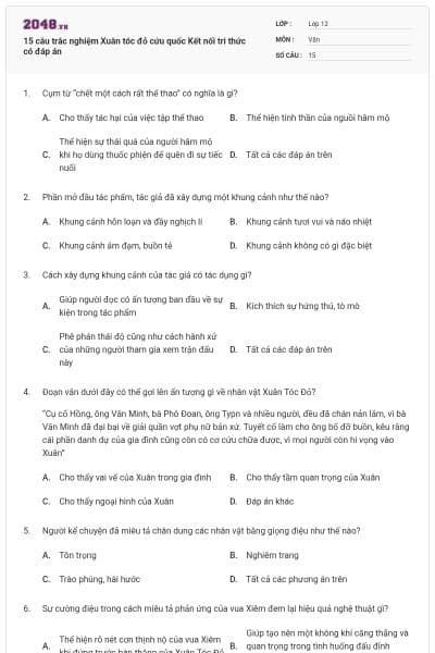 15 câu trắc nghiệm Xuân tóc đỏ cứu quốc Kết nối tri thức có đáp án