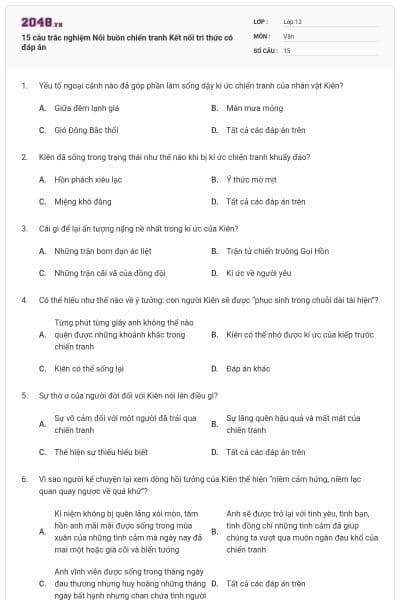 15 câu trắc nghiệm Nỗi buồn chiến tranh Kết nối tri thức có đáp án