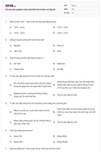 20 câu trắc nghiệm Cảm hoài Kết nối tri thức có đáp án