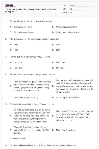 15 câu trắc nghiệm Đàn ghi ta của Lor - ca Kết nối tri thức có đáp án