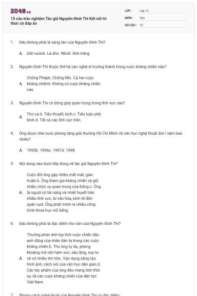 15 câu trắc nghiệm Tác giả Nguyễn Đình Thi Kết nối tri thức có đáp án