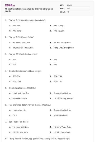 15 câu trắc nghiệm Hoàng hạc lâu Chân trời sáng tạo có đáp án