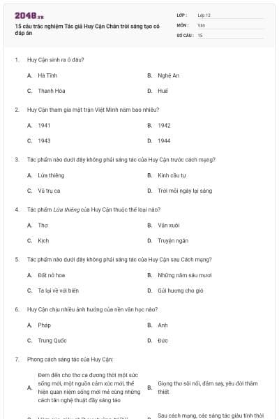 15 câu trắc nghiệm Tác giả Huy Cận Chân trời sáng tạo có đáp án