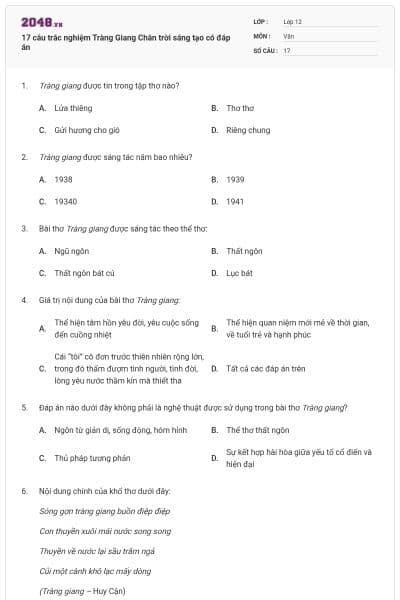 17 câu trắc nghiệm Tràng Giang Chân trời sáng tạo có đáp án