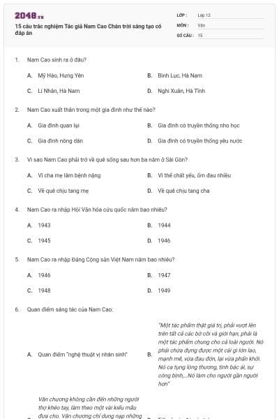 15 câu trắc nghiệm Tác giả Nam Cao Chân trời sáng tạo có đáp án