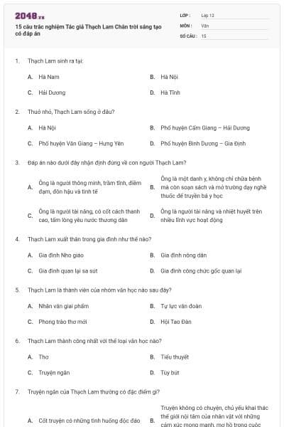15 câu trắc nghiệm Tác giả Thạch Lam Chân trời sáng tạo có đáp án