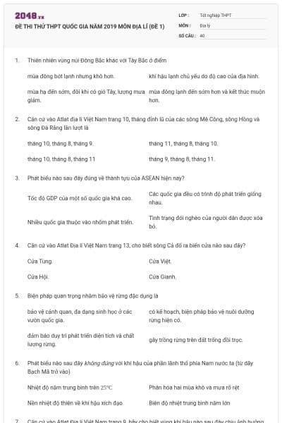 ĐỀ THI THỬ THPT QUỐC GIA NĂM 2019 MÔN ĐỊA LÍ (ĐỀ 1)