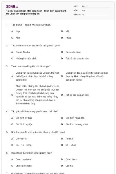 15 câu trắc nghiệm Màn diễu hành - trình diện quan thanh tra Chân trời sáng tạo có đáp án