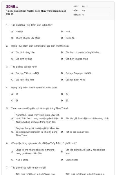 15 câu trắc nghiệm Nhật kí Đặng Thùy Trâm Cánh diều có đáp án