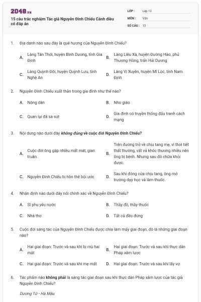15 câu trắc nghiệm Tác giả Nguyễn Đình Chiểu Cánh diều có đáp án