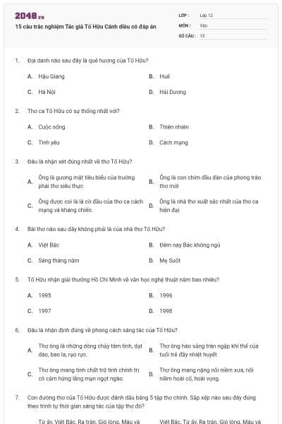 15 câu trắc nghiệm Tác giả Tố Hữu Cánh diều có đáp án