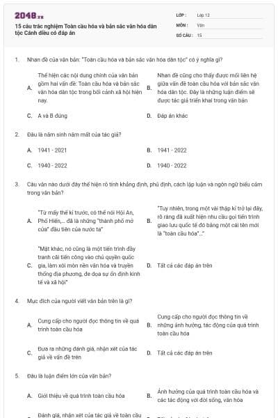 15 câu trắc nghiệm Toàn cầu hóa và bản sắc văn hóa dân tộc Cánh diều có đáp án