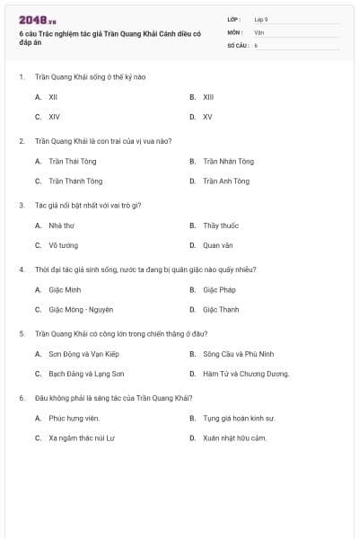 6 câu Trắc nghiệm tác giả Trần Quang Khải Cánh diều có đáp án